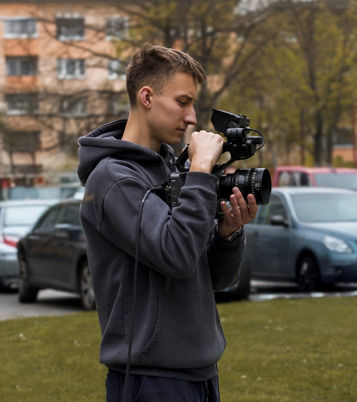 Daniel Hornáček filming with a cinema camera